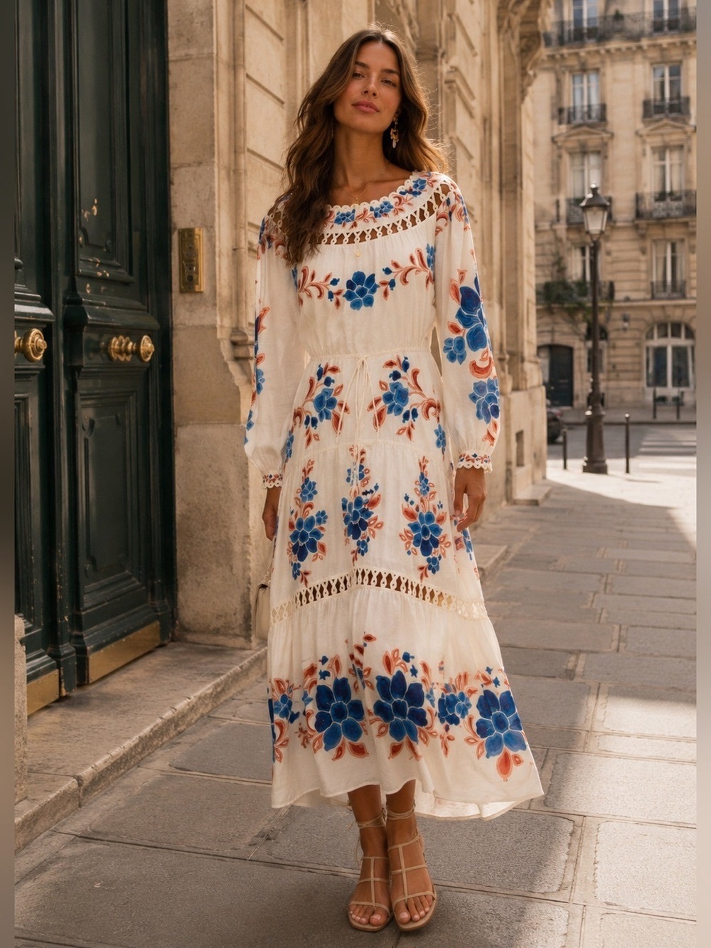 FARM Rio Cream Maxi Dress with Blue and Tan Floral Print - Picture 4 of 6